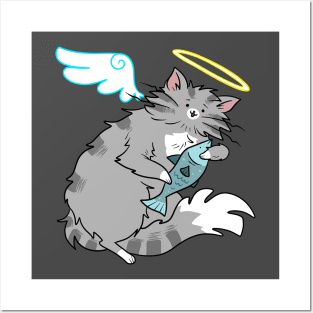 Fluffy Gray Tabby Cat Angel Posters and Art